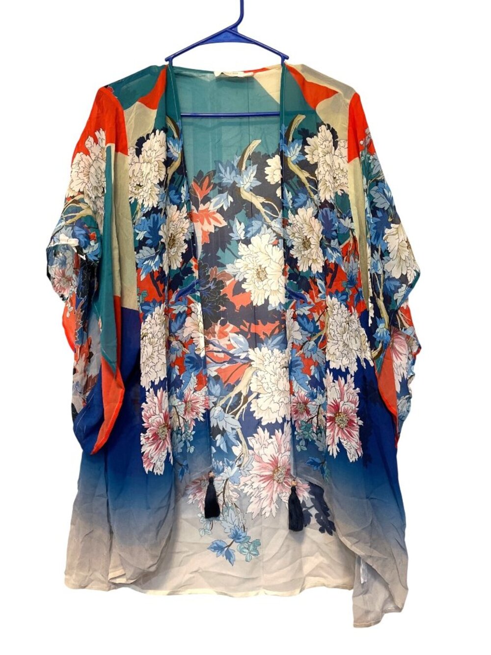 Johnny Was Marritt Open Kimono Top Sheer 100% Silk Red & Blue Floral Print